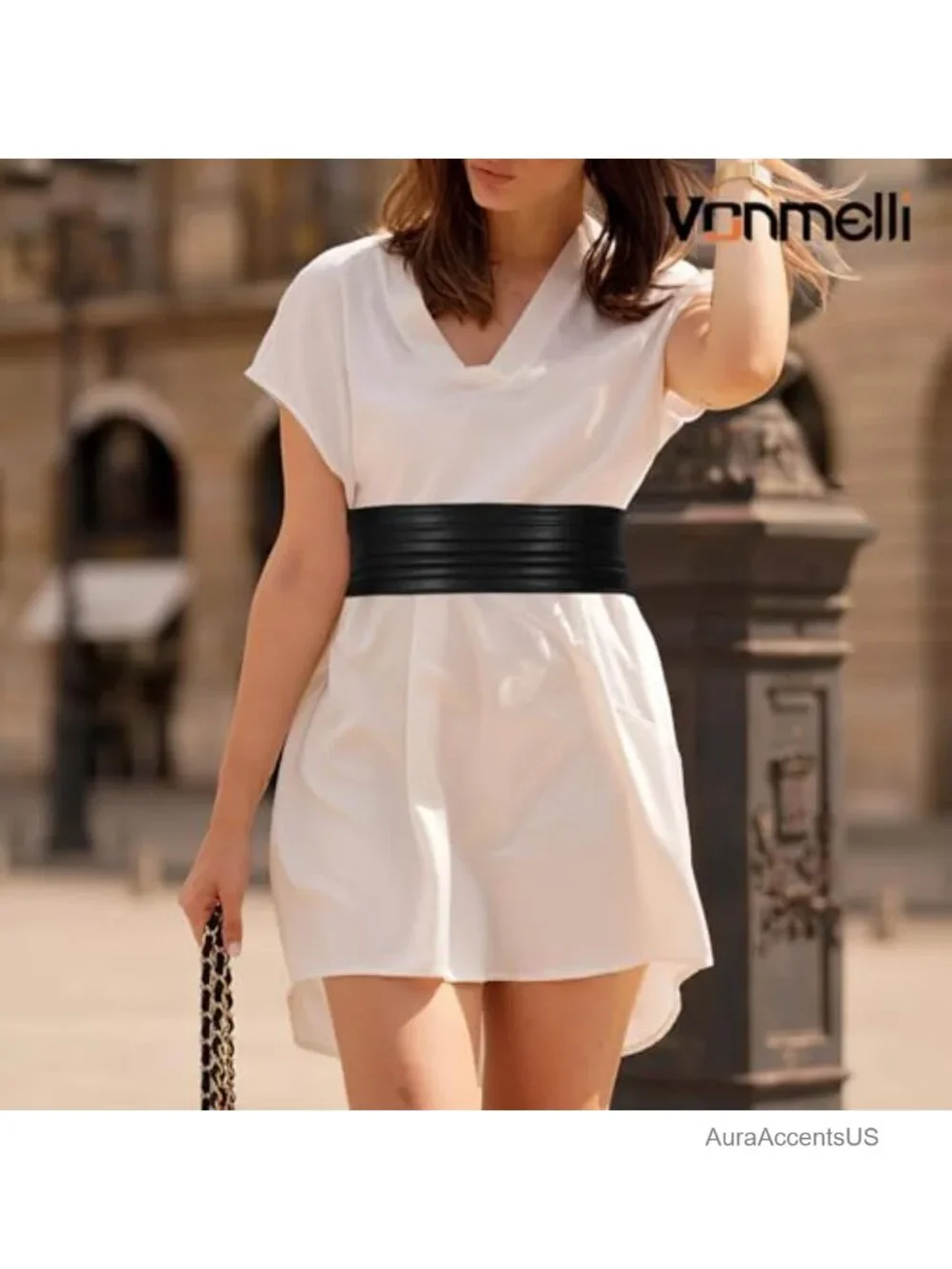 Wide Elastic Belt for Women - Stretchy Faux Leather Waist Belt with Snap Buttons